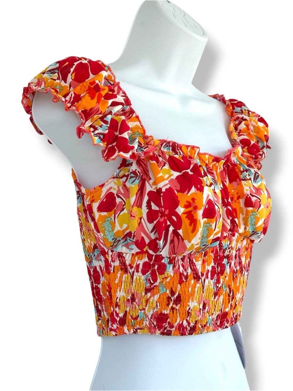 SHEIN Pink & Orange Floral Smocked Puff-Sleeve Crop Top - Picture 3 of 7